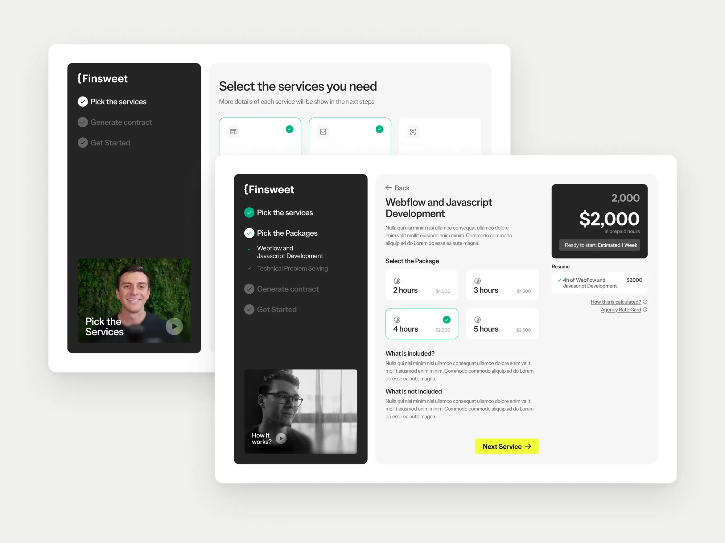 Hiring an agency, made simple: pick the services, see the price, move on.
