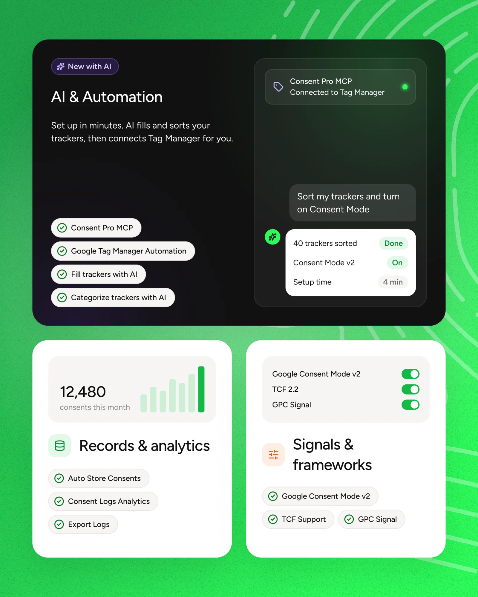 Consent Pro: AI setup, consent records and frameworks, in one calm bento.