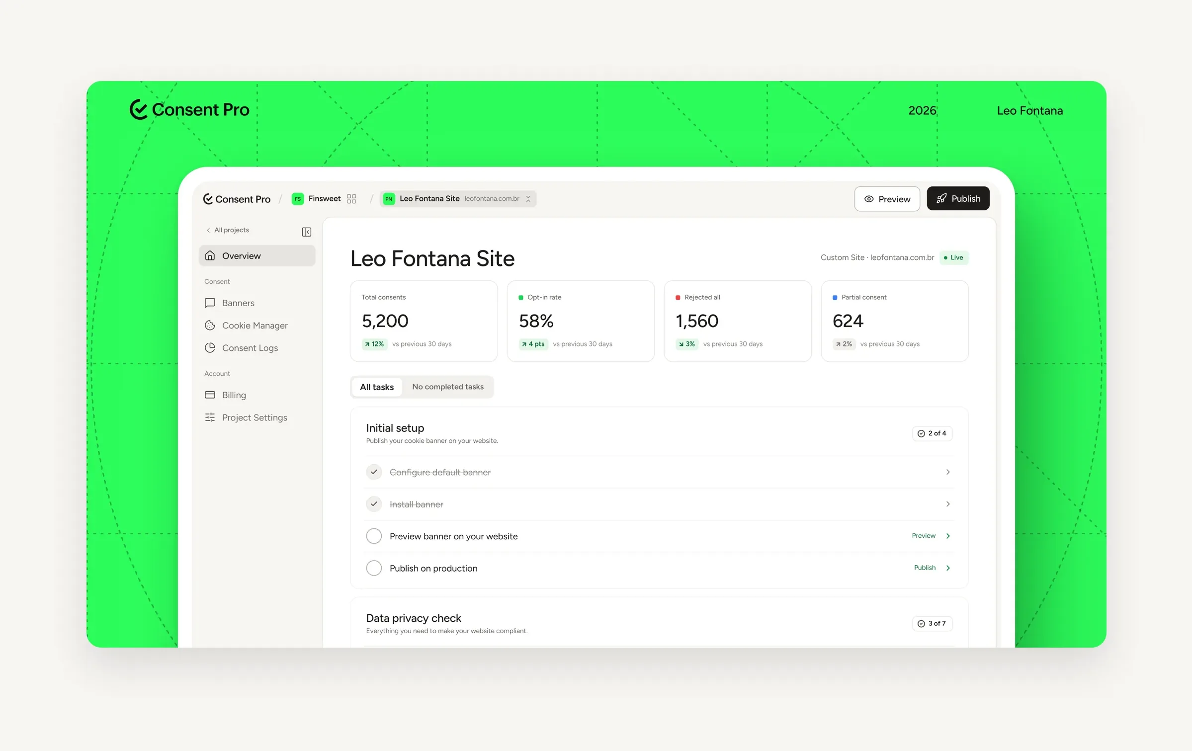 The web app: consent, scans and compliance in one calm dashboard.